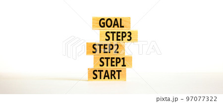Strat, step and goal symbol. Concept words Start step 1 2 3 goal on wooden blocks on a beautiful white table white background. Copy space. Business start step 1 2 3 to goal concept. 97077322