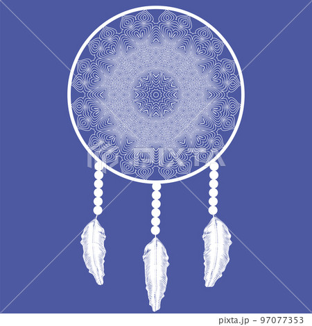 Dream Catcher Silhouette with Feathers Isolated on Blue Background 97077353