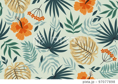 Seamless pattern with tropical leaves. Vector graphics. Seamless pattern with tropical leaves. Vector graphics. 97077898