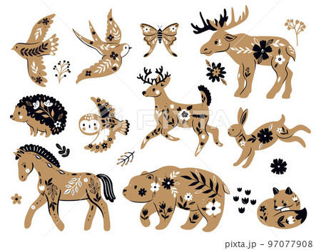 Set of stylized animals with floral ornaments isolated on white background.Vector graphics. Set of stylized animals with floral ornaments isolated on white background.Vector graphics. 97077908