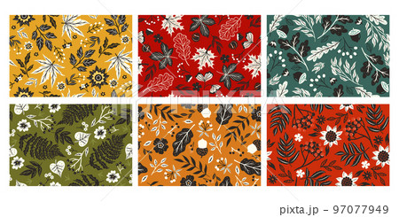 Set of autumn seamless patterns with leaves and berries. Vector graphics. Set of autumn seamless patterns with leaves and berries. Vector graphics. 97077949