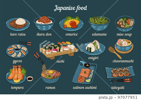 A set of Japanese dishes with inscriptions. Vector graphics. A set of Japanese dishes with inscriptions. Vector graphics. 97077951