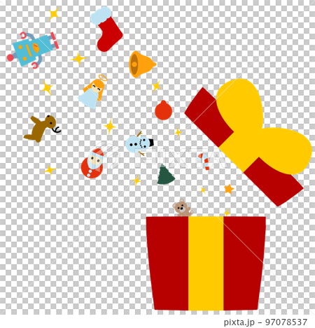 プレゼントボックスから溢れるおもちゃとクリスマスのイラスト 97078537