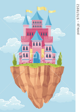 Flying island fairy tale castle. Cartoon fantasy palace with towers, vector medieval fort or fortress. Fairy tale kingdom house building in sky 97078952