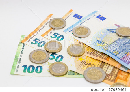 Euro banknotes and coins. Financial accounting and saving money concepts Euro banknotes and coins. Financial accounting and saving money concepts 97080461