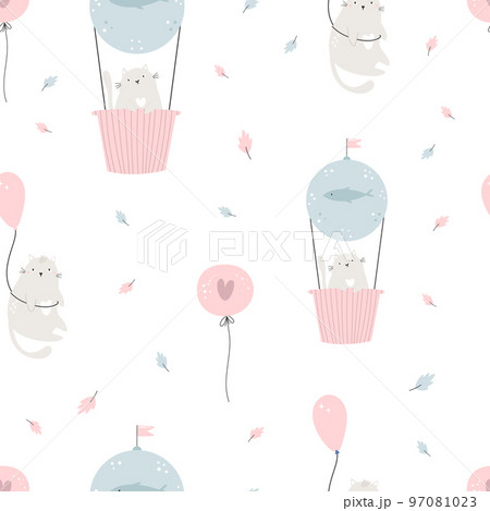 Seamless pattern with funny cats in hot air balloons Seamless pattern with funny cats in hot air balloons 97081023
