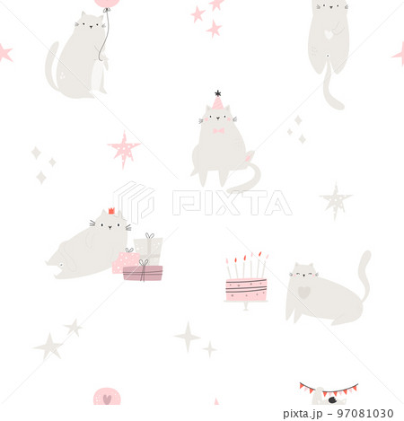 Seamless pattern with funny party cats. Seamless pattern with funny party cats. 97081030