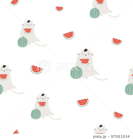 Seamless pattern with funny cats eating watermelon. 97081034