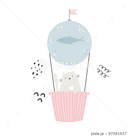 Flat vector illustration of a funny cat flying in a hot air balloon 97081037