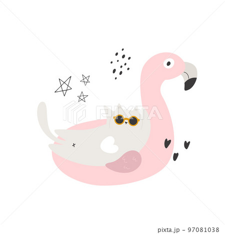 Flat vector illustration of a funny cat swimming on pink flamingo 97081038