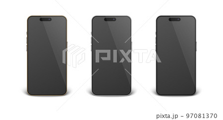Vector 3d Realistic Golden, Black, Gray Steel Modern Smartphone Design Template Set Closeup Isolated. Mobile Phone Mockup. Telephone Device UI UX, Phone in Front View 97081370