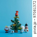 Christmas or winter composition. Christmas tree with New Year decorations. Christmas, winter, new year concept. 97081372