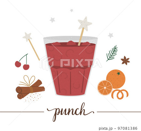 Vector illustration of punch isolated on white background. Winter traditional drink. Holiday hot beverage with orange, cherry, anise, cinnamon. 97081386