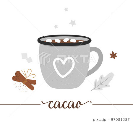 Vector illustration of cocoa in enamel cup isolated on white background. Winter traditional drink. Holiday hot beverage with marshmallow, sugar, anise, cinnamon. 97081387
