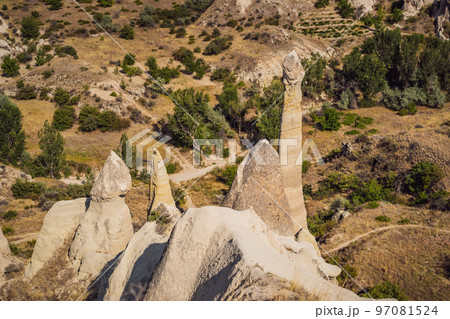 Unique geological formations in Love Valley in Cappadocia, popular travel destination in Turkey 97081524