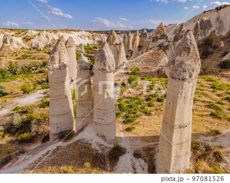 Unique geological formations in Love Valley in Cappadocia, popular travel destination in Turkey 97081526
