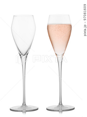 Prosecco wine and pink rose champagne empty and full glasses on white. Prosecco wine and pink rose champagne empty and full glasses on white. 97081609