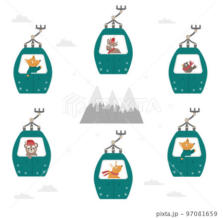 Vector mountains and funicular cable cars with funny animals inside. Cute winter activity Illustration for kids 97081659