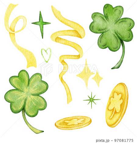St. Patrick's Day watercolor set with green leafes, ivy, clover. Holiday illustration and watercolor clover leaf St. Patrick's Day watercolor set with green leafes, ivy, clover. Holiday illustration and watercolor clover leaf 97081775