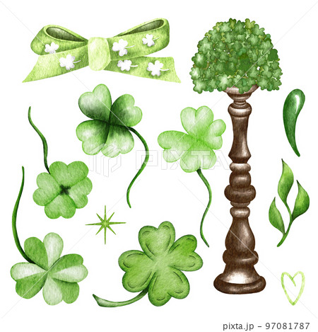 St. Patrick's Day watercolor set with green leafes, ivy, clover. Holiday illustration and watercolor clover leaf 97081787