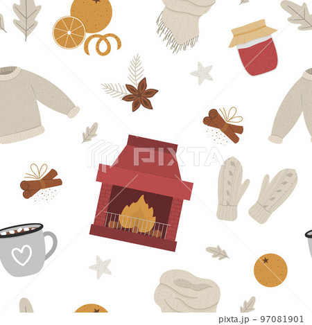 Vector cozy winter seamless pattern with chimney and fire. Warming objects background. Items for cold season. Texture with food, drinks, spices and clothes to warm up. 97081901
