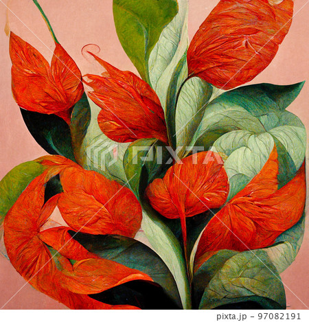 Red and pink watercolor flowers with green stems and leaves. Watercolor art background. 97082191