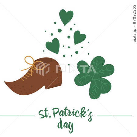 Vector flat funny brown leprechaun shoe with shamrock leaves and green hearts. Cute St. Patrick Day illustration. National Irish holiday icon isolated on white background. Vector flat funny brown leprechaun shoe with shamrock leaves and green hearts. Cute St. Patrick Day illustration. National Irish holiday icon isolated on white background. 97082505