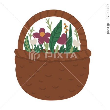 Vector flat funny flower basket. Cute spring illustration. Forest or woodland icon isolated on white background. 97082507