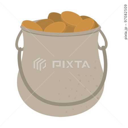 Vector flat funny pot with golden coins. Cute St. Patrick Day illustration. National Irish holiday icon isolated on white background. 97082509