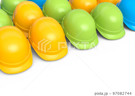 Set of safety helmets or hard caps for carpentry work in row on white background Set of safety helmets or hard caps for carpentry work in row on white background 97082744