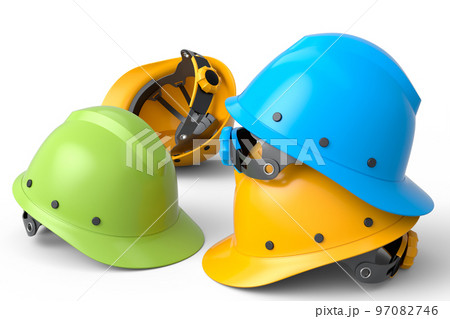 Heap of safety helmets or hard caps for carpentry work on white background Heap of safety helmets or hard caps for carpentry work on white background 97082746