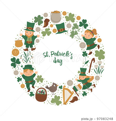 Vector Saint Patrick Day round frame with leprechaun, shamrock isolated on white background. Irish holiday themed banner or invitation framed in circle. Cute funny spring card template. 97083248