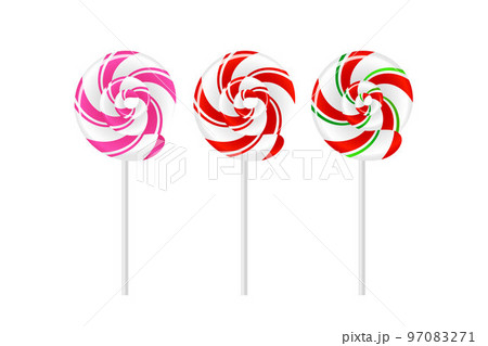 Set of realistic spiral striped colorful lollipops on white sticks isolated on white background. Vector illustration. Set of realistic spiral striped colorful lollipops on white sticks isolated on white background. Vector illustration. 97083271