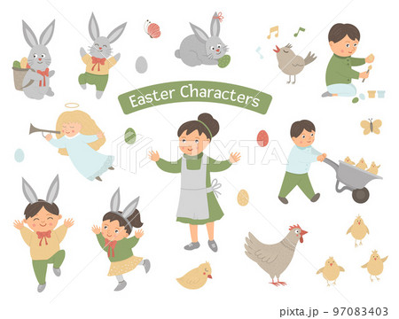 Collection of Easter characters. Vector set with cute bunny, children, colored eggs, chirping bird, chicks, angel. Spring funny illustration. Collection of Easter characters. Vector set with cute bunny, children, colored eggs, chirping bird, chicks, angel. Spring funny illustration. 97083403