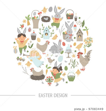 Vector Easter round frame with bunny, eggs and happy children isolated on white background. Christian holiday themed banner or invitation framed in circle. Cute funny spring card template. 97083449