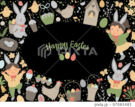Vector Easter horizontal layout frame border with bunny, eggs and happy children isolated on white background. Christian holiday banner or invitation with place for text. Cute spring card template. Vector Easter horizontal layout frame border with bunny, eggs and happy children isolated on white background. Christian holiday banner or invitation with place for text. Cute spring card template. 97083485