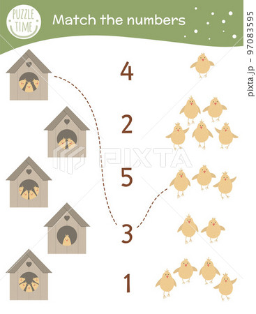 Matching game with starling-houses and cute chicks. Easter math activity for preschool children. Spring counting worksheet. Educational riddle with funny birds. 97083595