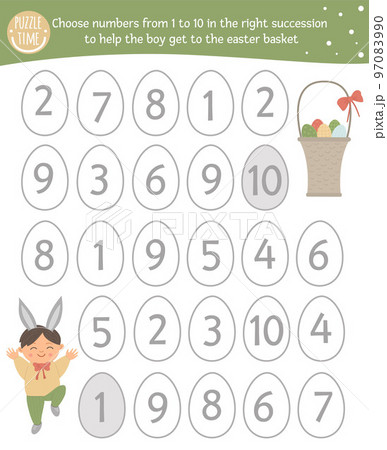 Easter math game with cute characters. Spring mathematic maze activity for preschool children. Choose numbers from 1 to 10 to help the boy get to the basket with eggs. Easter math game with cute characters. Spring mathematic maze activity for preschool children. Choose numbers from 1 to 10 to help the boy get to the basket with eggs. 97083990