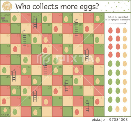 Easter egg hunt board game for children with traditional symbols. Educational spring holiday boardgame with numbers. Who collects more eggs? 97084008