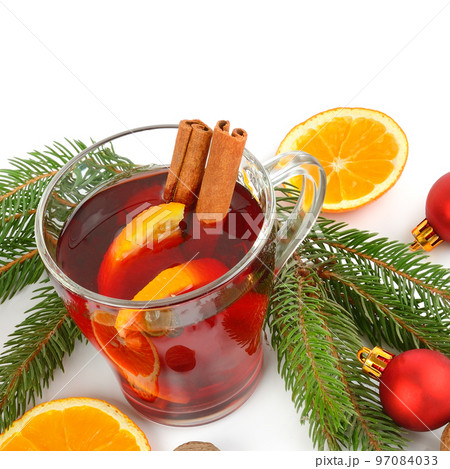 Mulled wine and Christmas decor isolated on white 97084033