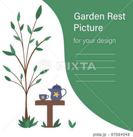 Vector illustration of table with teapot and cup under the tree. Place for rest after garden work. Post gardening relaxation picture. Poster or card design template 97084048