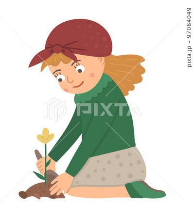 Vector illustration of a girl planting flower with a shovel isolated on white background. Cute kid doing garden work. Spring gardening activity picture with funny character. 97084049