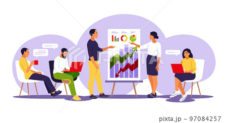 Coaches speaking before audience, presenting charts and reports. Training of employee. Team thinking and brainstorming. Vector illustration. Isolated flat. 97084257