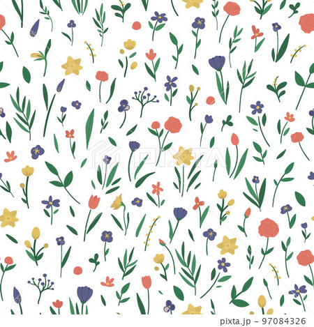 Vector seamless pattern with different flower elements. Garden repeating background with decorative plants. Texture with spring and summer herbs and flowers. Vector seamless pattern with different flower elements. Garden repeating background with decorative plants. Texture with spring and summer herbs and flowers. 97084326