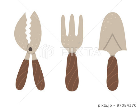 Vector set of colored garden tools. Collection of gardening equipment. Flat spring illustration of little spade, hand fork, pruning shears isolated on white background. Vector set of colored garden tools. Collection of gardening equipment. Flat spring illustration of little spade, hand fork, pruning shears isolated on white background. 97084370