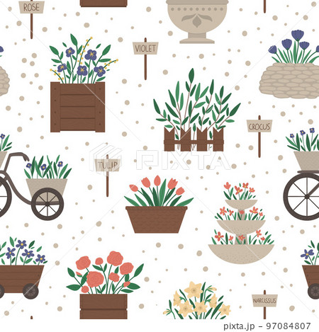Vector seamless pattern with different flower beds. Garden repeating background with decorative flowerbeds and plants. Texture with spring herbs and flowers with sign plates. Vector seamless pattern with different flower beds. Garden repeating background with decorative flowerbeds and plants. Texture with spring herbs and flowers with sign plates. 97084807