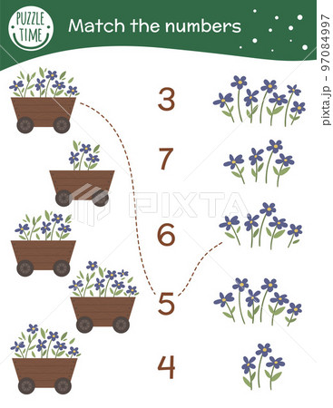Matching game with flowerbed and flowers. Garden math activity for preschool children. Spring counting worksheet. Educational riddle with cute funny elements. 97084997