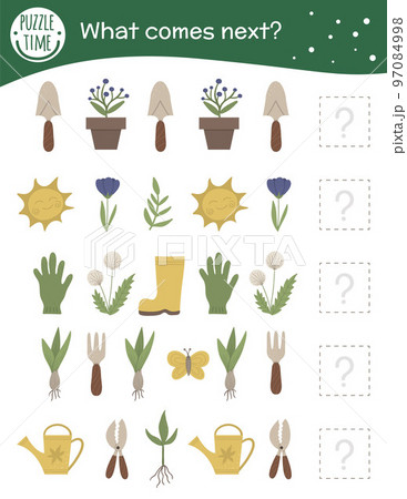 What comes next. Garden matching activity for preschool children with gardening symbols. Funny spring game for kids. Logical quiz worksheet. Continue the row. 97084998