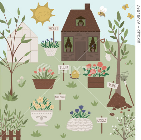 Vector illustration of garden with flower beds with name plates. Flat spring scene with a farm or country house with trees, bench, greenhouse, sun, gardening equipment. Vector illustration of garden with flower beds with name plates. Flat spring scene with a farm or country house with trees, bench, greenhouse, sun, gardening equipment. 97085047