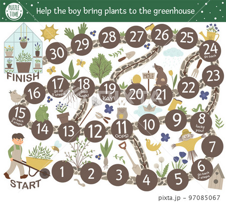 Garden adventure board game for children with cute characters. Educational spring holiday boardgame. Help the boy bring plants to the greenhouse. 97085067